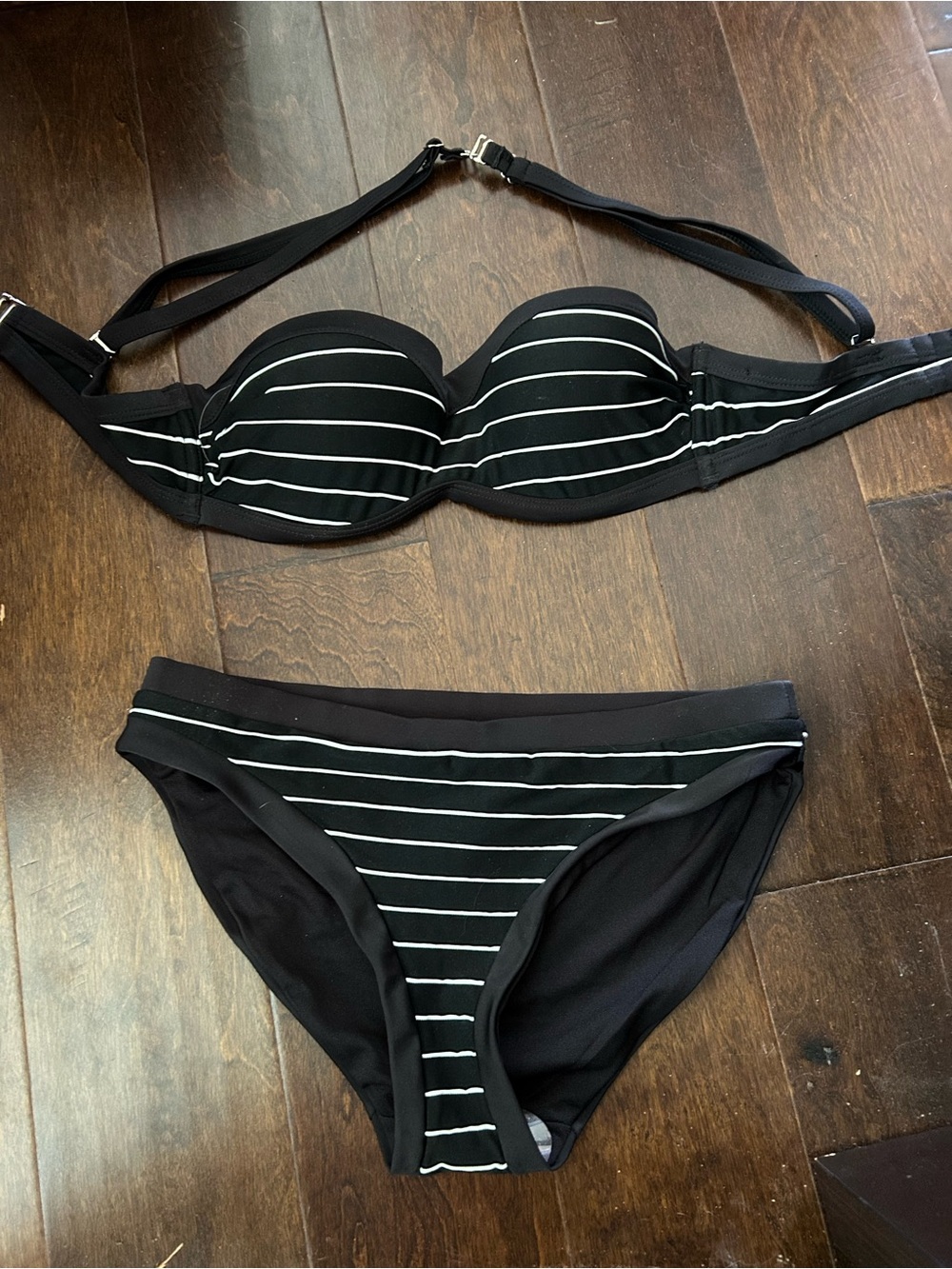 Women's Black & White Striped Bikini Set - Padded Top & Classic Bottom - Size S